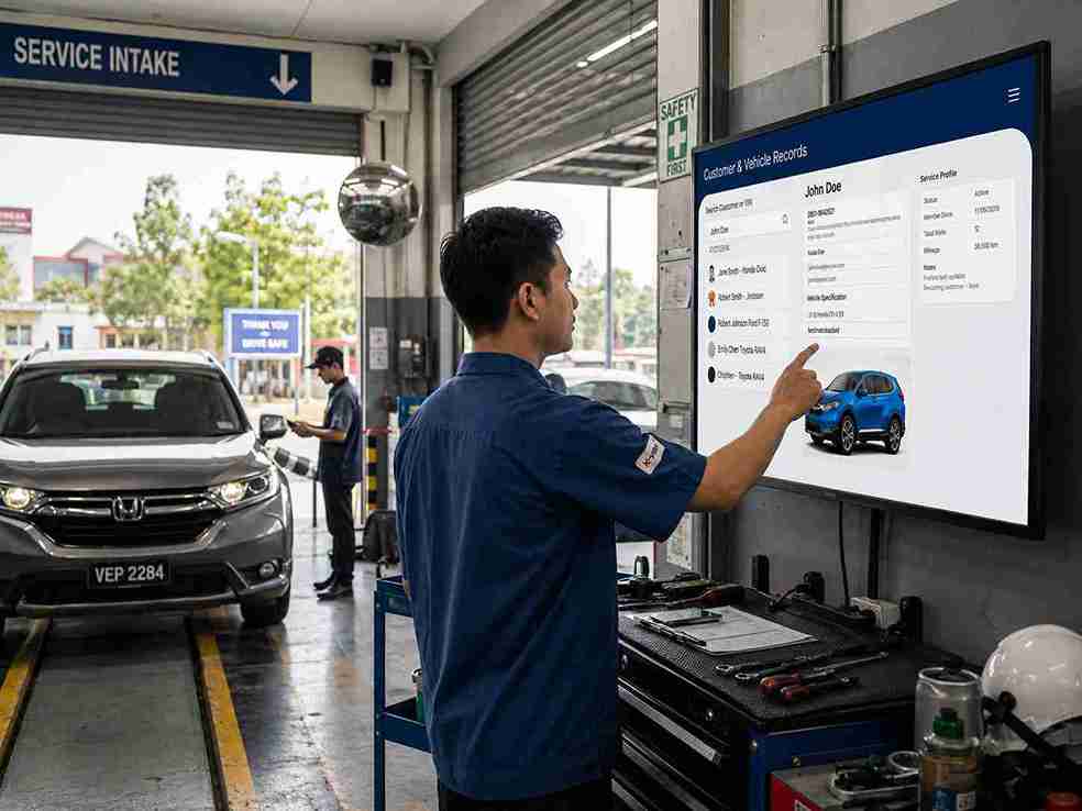 Workshop customer and vehicle record system screenshot
