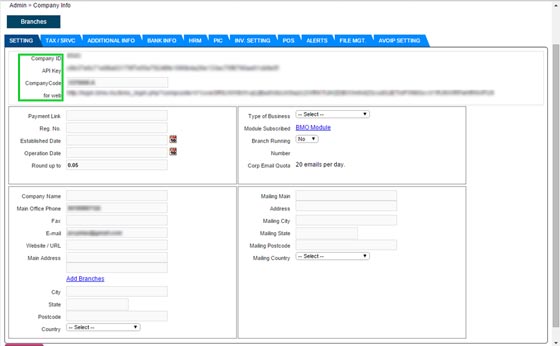 Workshop System company ID API key and company code screenshot